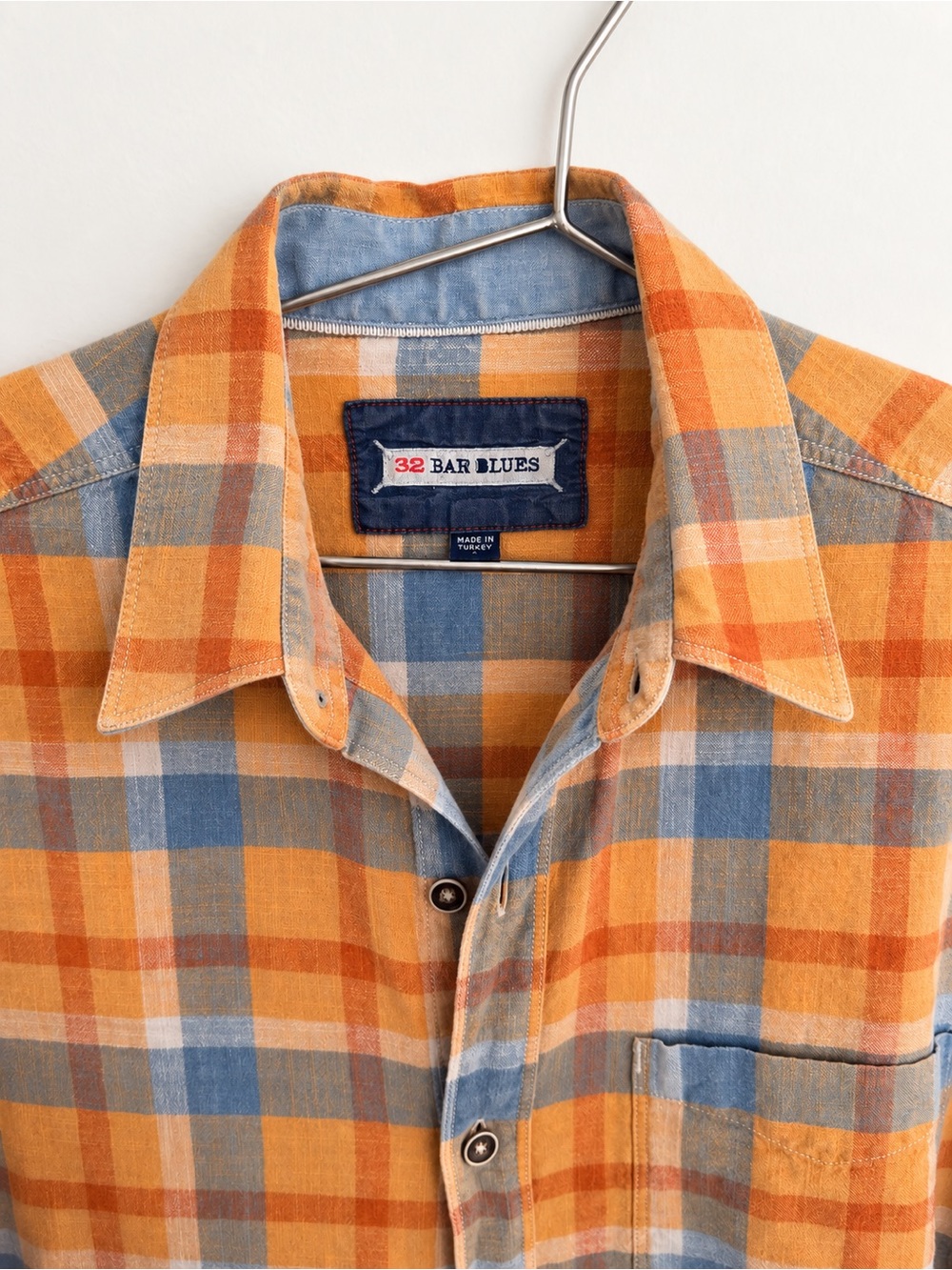 32 Bar Blues Men's Flannel Orange & Blue Plaid Button-Down Shirt (Large)